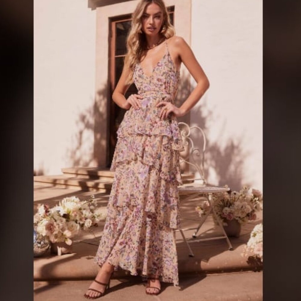 NWT ASTR the Label Rosana Chiffon Ruffle Tiers Maxi Dress Yellow Purple Floral S